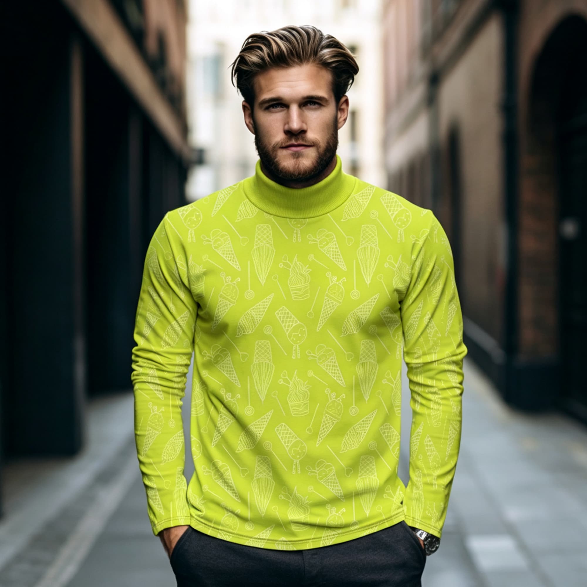 Mens Fashion Trend - Novelty Dessert Graphic Men Mock Neck