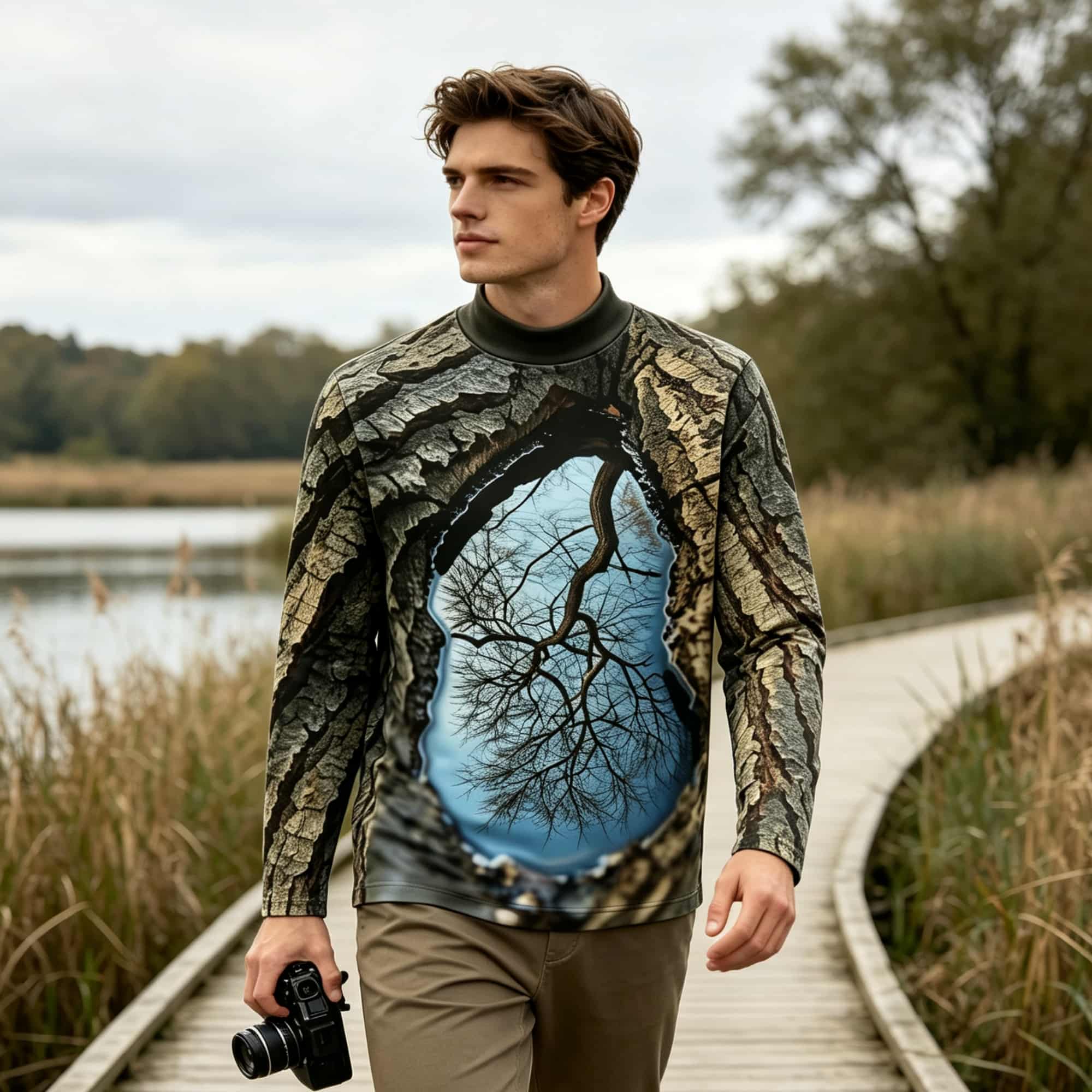 Mens Fashion Trend - Forest‑Inspired Mock Neck Long Sleeve Tee,