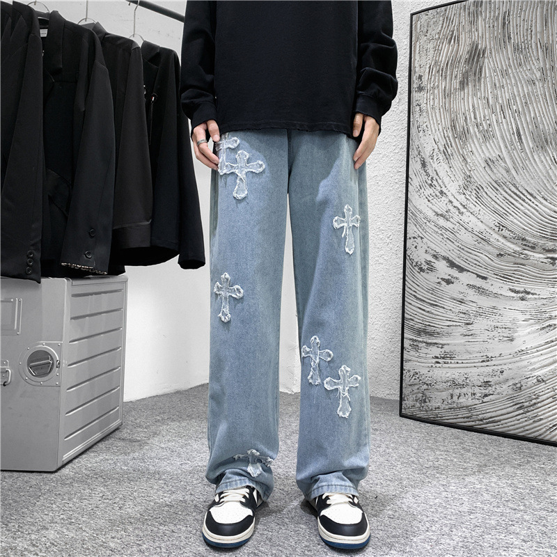 Men'S Fashion For 60 Year Old - Men Cross Print Jeans Autumn Winter