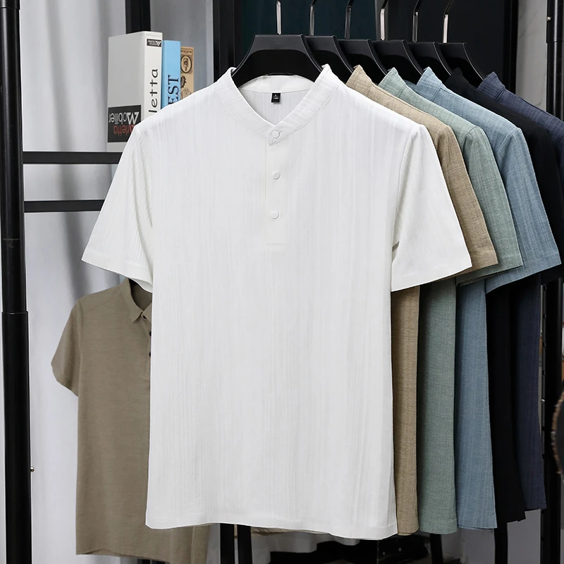 Mens Mandarin Collar Half Plac - đánh giá và giá Linen Shirt Summer