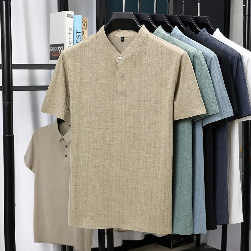 Mens Mandarin Collar Half Plac - đánh giá và giá Linen Shirt Summer